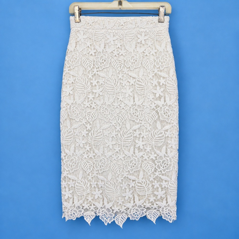 Banana Republic Pencil Skirt 0 White Floral Lace Midi Lined Formal Boho Cottage